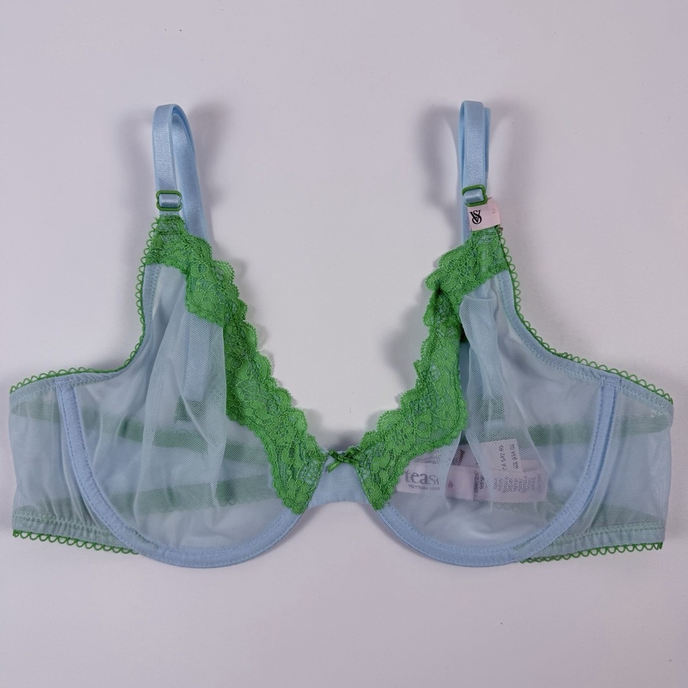 Victoria's Secret Tease Unlined Demi Bra Sky Blue Mesh Lime Green Lace 36B NWT